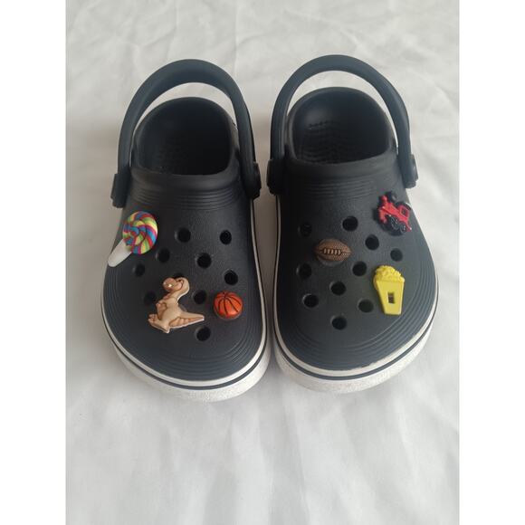 Toddler Size 8 Crocs Black Clogs with Jibbitz Charms – Dinosaur, Train, Sports - Picture 1 of 6